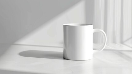 Fototapeta premium White mug sunlight. A white ceramic mug with a simple design sits on a table in a bright, sunlit room. The light casts soft shadows on the surface, creating a calming and minimalist aesthetic.