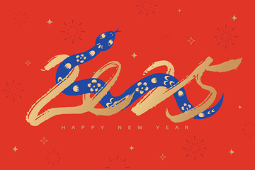 Happy New Year 2025 banner design, featuring gold handwritten numbers combined with paper cut style snake elements, celebrating the Year of the Snake.