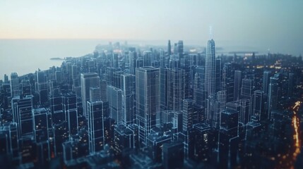 Obraz premium Smart City Concept with Digital Blueprint Overlay on Modern Urban Skyline