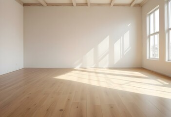 Obraz premium Empty room with wooden floor and bright window light.