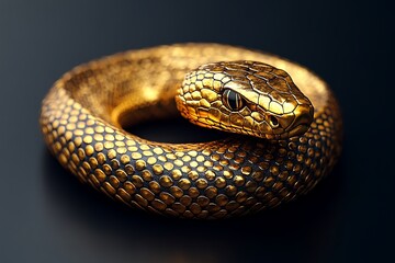 Obraz premium Golden snake coiled in a ring on a dark background