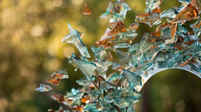 A mixed media sculpture featuring pieces of shattered glass fused together each representing a different outcome or possibility for a superposed particle.