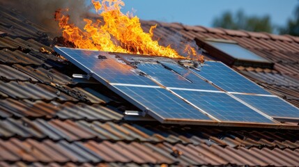electrical arcing fire from poorly-installed solar collectors. solar panel fire burned on roof of a house.	
