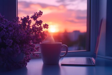 Evening workspace with purple flowers in vase by window, cup of coffee, and open laptop, with city lights and colorful sunset sky in background