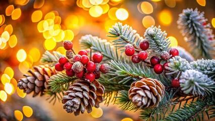 Frosted Pinecones and Holly Berries on a Christmas Tree Branch with Bokeh Lights