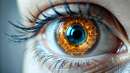Macro Photograph of Human Eye with AI Circuit Patterns in Iris, Symbolizing Technology and Human Insight Fusion in Business Operations, Ideal for Digital Innovation Themes, Ample Copy Space
