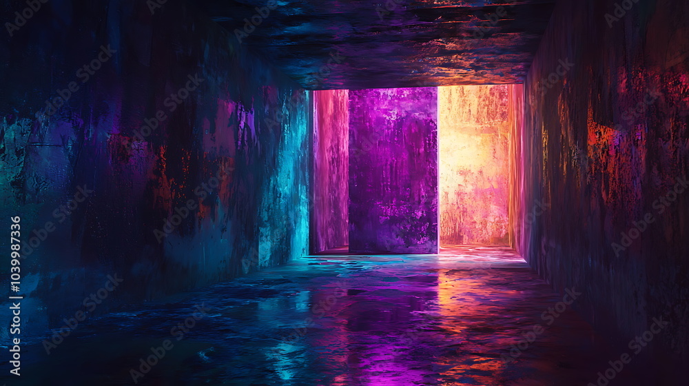 Poster Exploring the enigmatic abstract colorful hallway a journey through vibrant light reflections and dynamic shadows