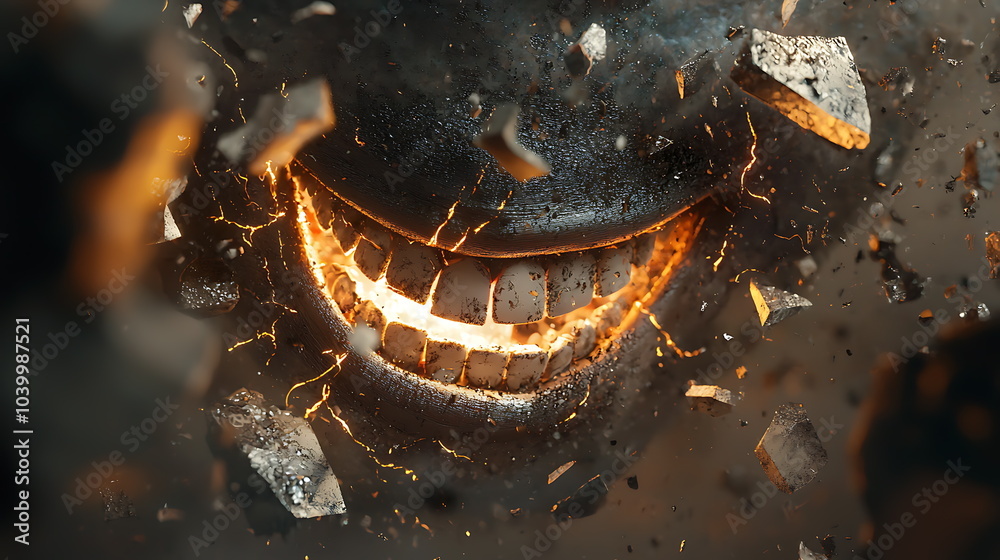 Poster An abstract fiery face erupts from a cracked surface symbolizing chaos and transformation in a striking visual metaphor