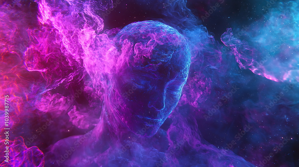 Poster An abstract representation of a thoughtful figure surrounded by colorful smoke merging emotion and imagination in a vibrant display