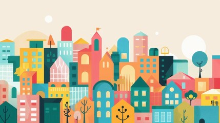 Colorful cityscape illustration. Vibrant illustration of a city skyline with diverse buildings, trees, and a warm background, showcasing a sense of community and urban life.