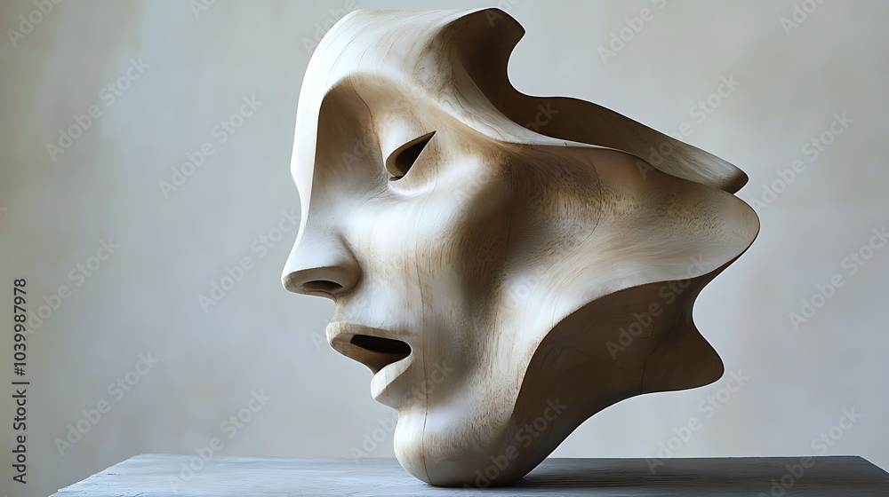 Poster Exploring the intricacies of abstract wooden sculpture representing a humanlike face a unique artistic expression