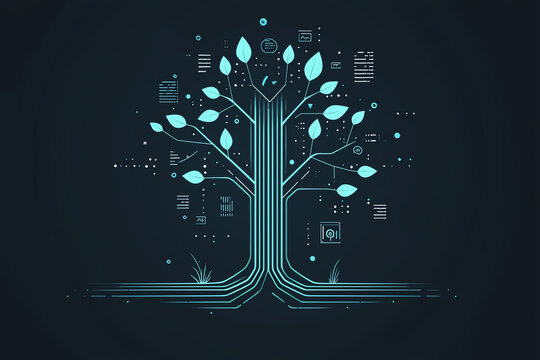 Binary code turning into a growing tree, data and natural growth, flat design illustration