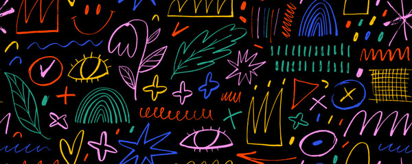 Multi colored seamless pattern with various pencil-drawn shapes and lines. Childish girly style colorful background.