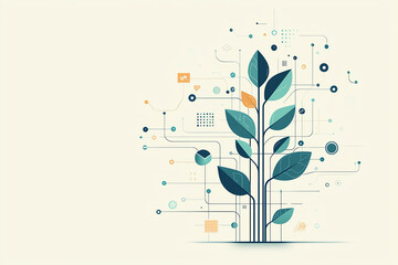 Digital leaves growing from a network, datadriven sustainability, flat design illustration