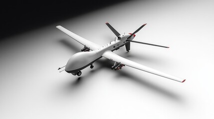 A white drone with four propellers and a payload bay, set against a white background.
