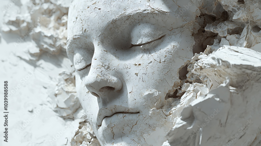 Poster captivating artistic sculpture of a serene face emerging from a textured background evoking deep emo
