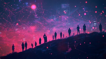 Naklejka premium Business crowd standing on a hill, surrounded by a glowing web of big data points, stock market trends flowing through the air, nature meets technology, dynamic and interconnected