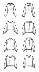 Black and white line art illustration of a stylish sweatshirt, showcasing a trendy fashion design in vector outline style