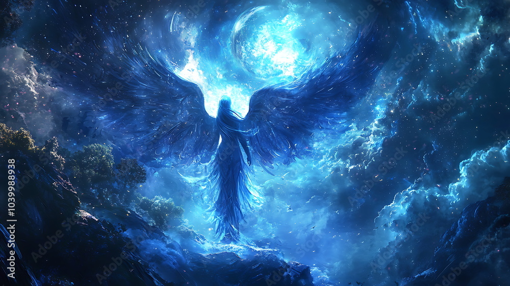 Poster a celestial being with wings illuminates the cosmic realm surrounded by ethereal lights and galactic