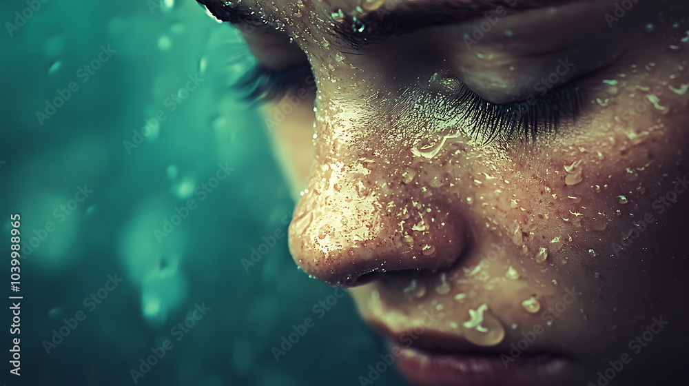 Poster closeup of a serene face with raindrops depicting tranquility and emotions in a captivating green-hu