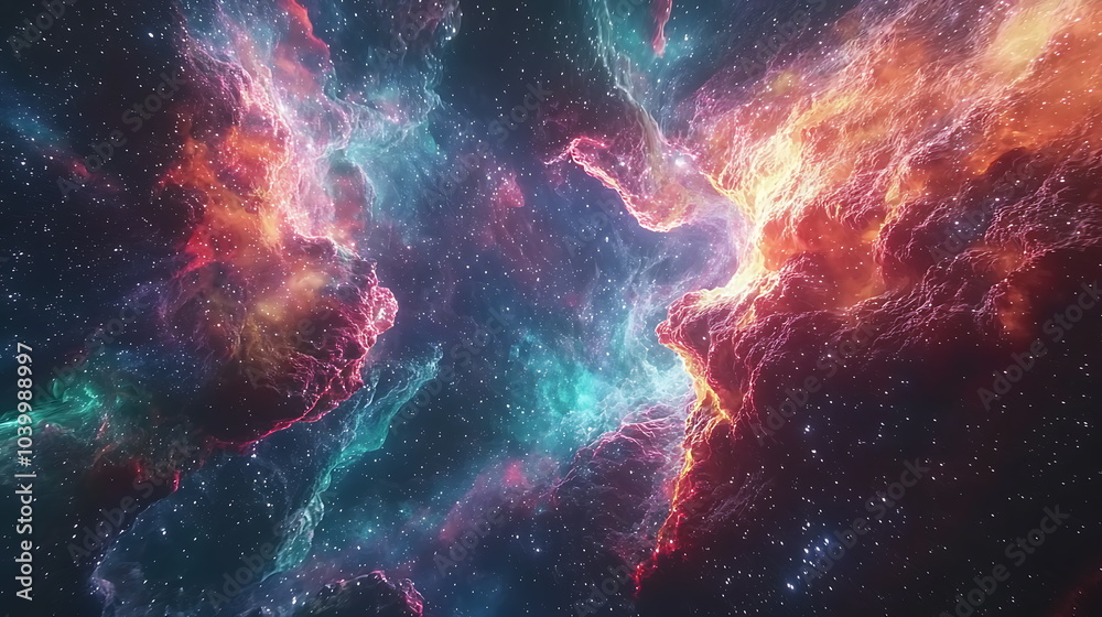 Poster vibrant cosmic nebula a stunning display of colorful abstract art against a dark galactic canvas