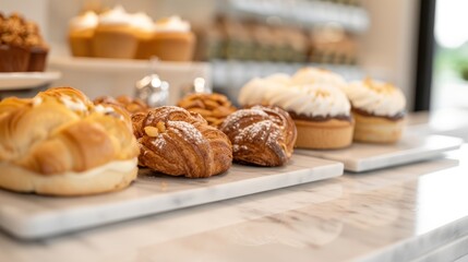 A display of delicious baked goods, including pastries and cupcakes, presented elegantly on a marble countertop.