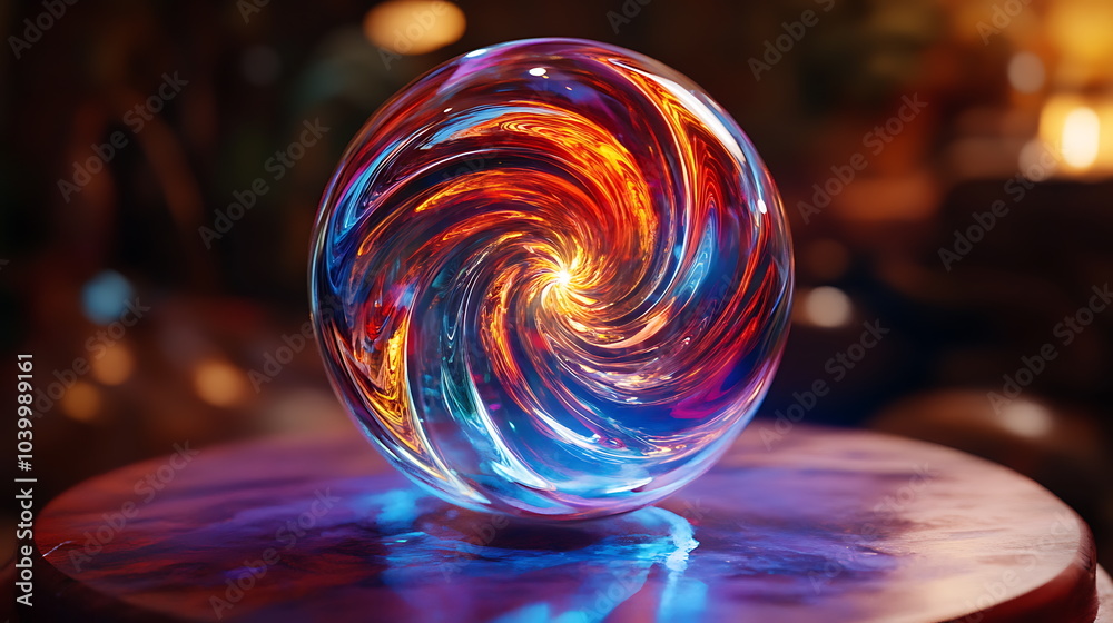 Aufkleber captivating colorful glass swirl sphere displaying a mesmerizing dance of light on a rustic wooden s