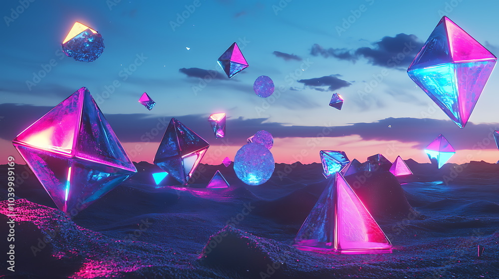 Poster a surreal exploration of colorful geometric shapes in an enchanted landscape of vibrant light and dr