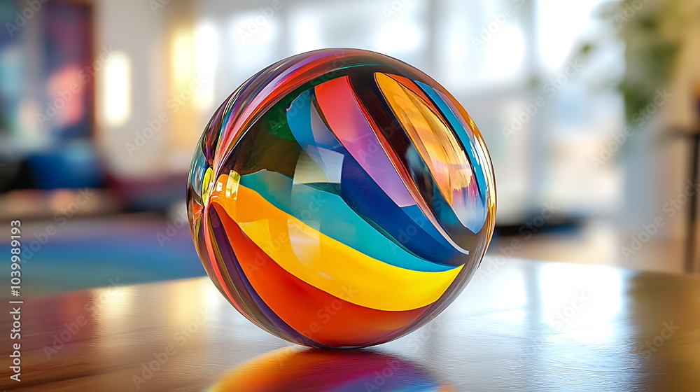 Poster captivating colorful sphere resting on wooden surface amidst a softly blurred background providing a