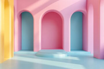 The image is a colorful, rainbow-colored room with a blue and pink archway