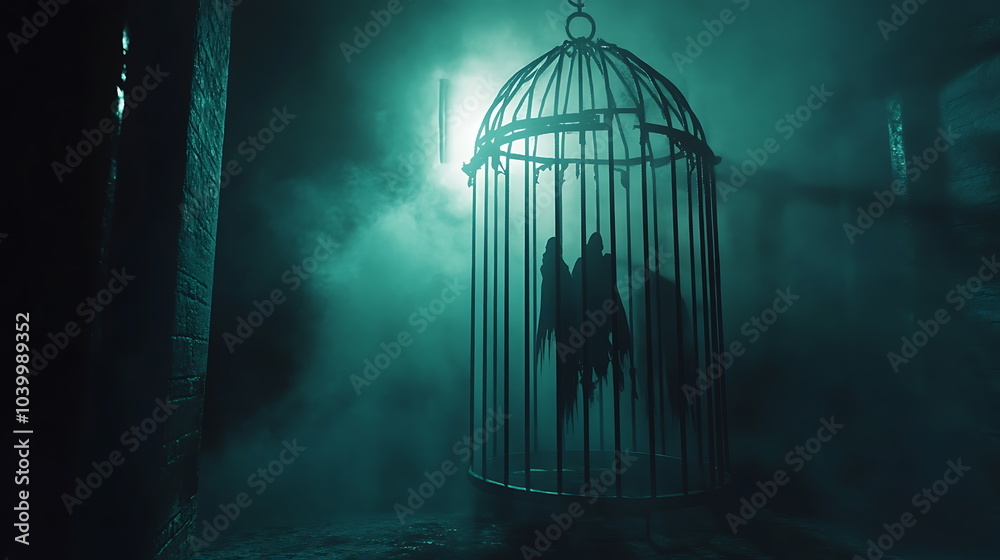 Poster enigmatic shadows a dark cage enclosing a mysterious figure amidst ethereal mist and dim light