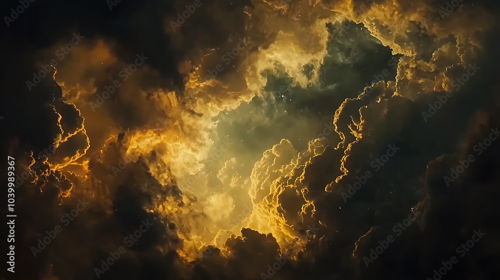 Poster Dramatic clouds illuminated by golden sunlight creating a majestic natural display of light and shadow in the sky