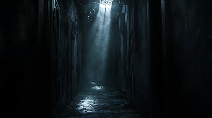 Mysterious dark corridor with ethereal light beams piercing through shadows creating an enigmatic atmosphere