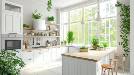 Fototapeta premium Modern, bright kitchen in a Scandinavian style, with white cabinets, a wooden countertop, and an island. The kitchen features green potted plants, stainless steel appliances