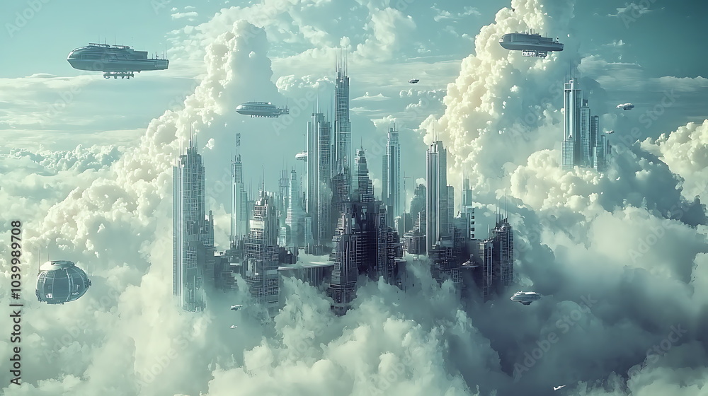 Aufkleber Exploring a futuristic city amongst the clouds with majestic airships and towering structures in a stunning cg rendering