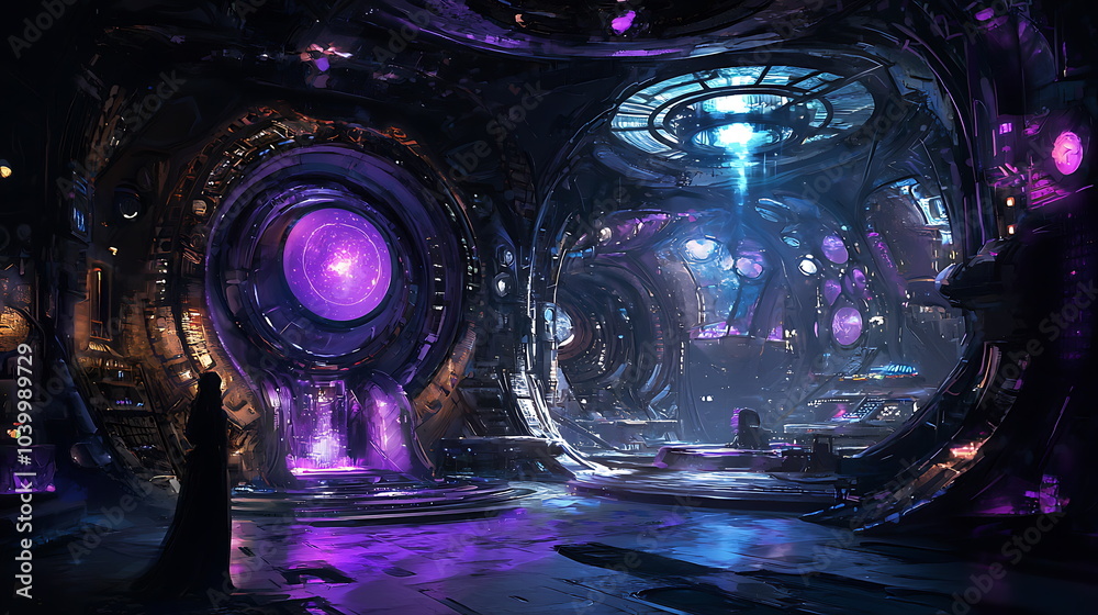 Poster Exploring the futuristic interior design of a sci-fi space with glowing purple lights and intricate patterns for a unique visual experience