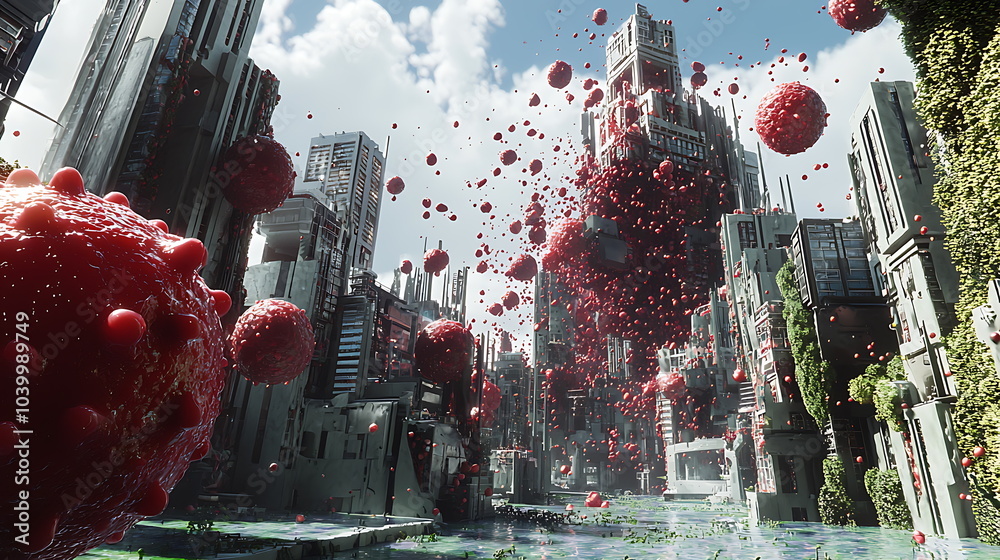 Poster exploring a futuristic cityscape with vibrant red spheres hovering above tall buildings and lush gre