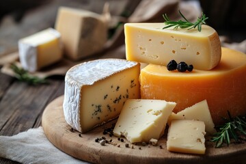Assorted Cheeses on a Wooden Cutting Board with Rosemary