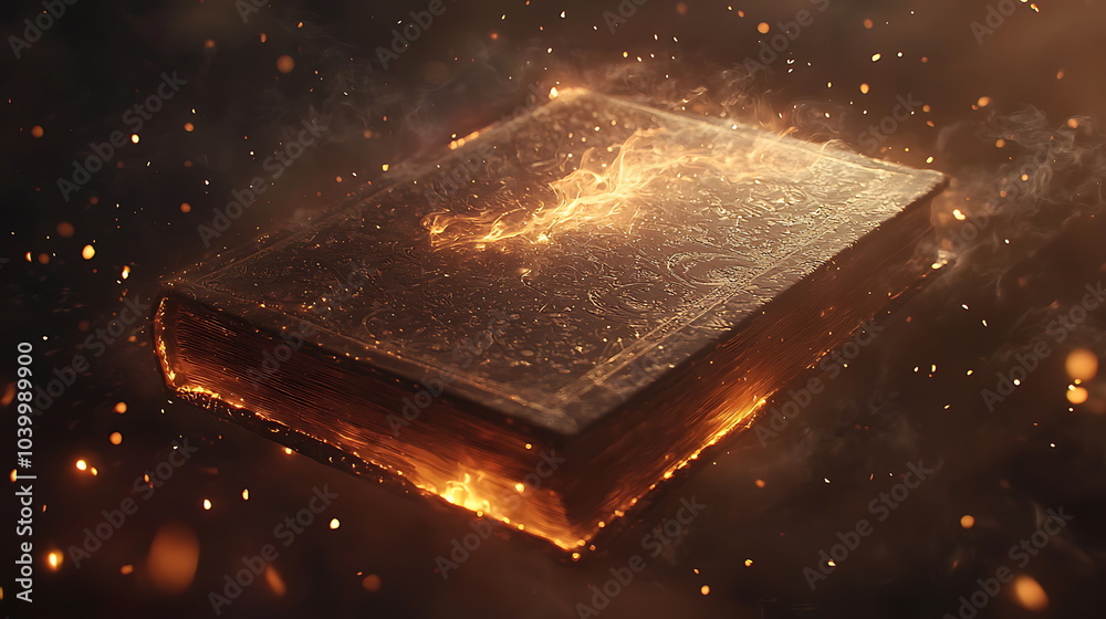 Poster enchanted tome a glowing ancient book surrounded by mystical particles and ethereal light in a magic