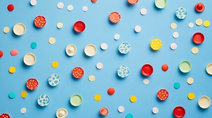 Colorful paper circles and lids on a blue background, forming a pattern.