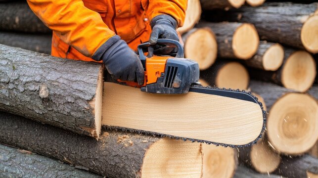 A worker in an orange uniform uses a chainsaw to cut down trees on forest land filled with fallen trunks.