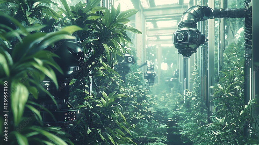 Aufkleber exploring the fusion of nature and technology in a futuristic city park where flora meets innovation