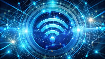 Fototapeta premium Futuristic Blue Digital WIFI Logo with Data Transfer Arrows and HUD Elements in Abstract Background