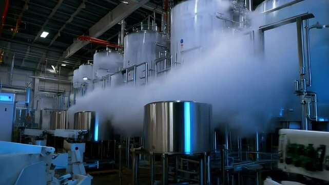 Industrial machines generating liquid nitrogen, with vapor clouds forming around storage tanks and robotic systems handling the cold containers.
