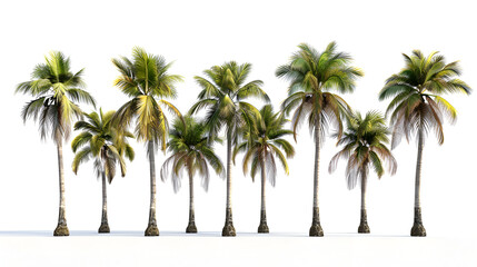 Palm trees isolated on white background ,A row of tall palm trees standing upright ,Each tree has a slender trunk and a cluster of large