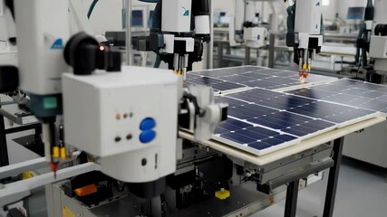 Machines assembling solar cells onto panels, with robotic arms soldering connections and inspection systems ensuring product quality.
 - Powered by Adobe