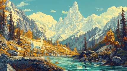 A white deer stands on a rocky outcrop overlooking a mountain stream in a valley surrounded by snow-capped mountains.