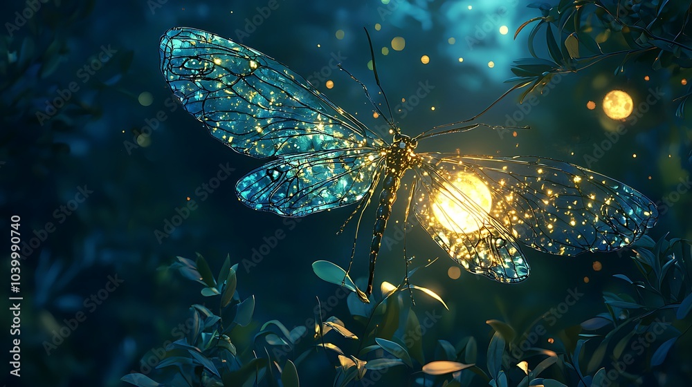 Poster the enchanting glow of a mystical insect unveiling the wonders of nature with moonlit wings