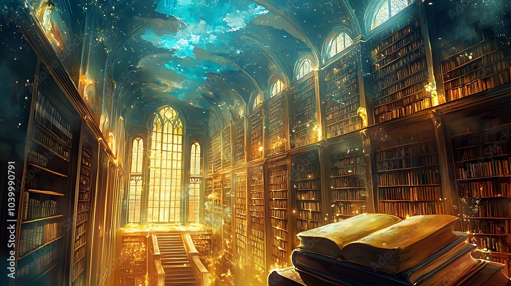 Poster Exploring a grand library with empty bookshelves under a mystical sky where every book holds untold stories and secrets