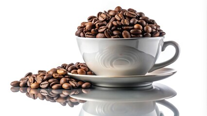 Fototapeta premium Coffee beans in a cup with leaves isolated on white background
